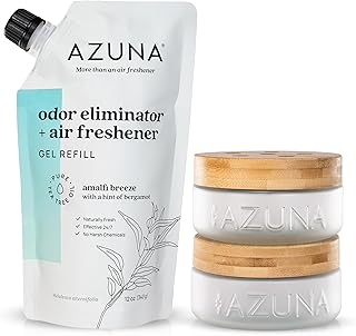 Azuna Air Freshener & Odor Eliminator for Strong Odor | 2 Room Kit Includes (2) 8 oz. Empty Luxe Glass Jars & 12 oz | Refill with Tea Tree Essential Oil Gel | Amalfi Breeze | Last 60-90 Days