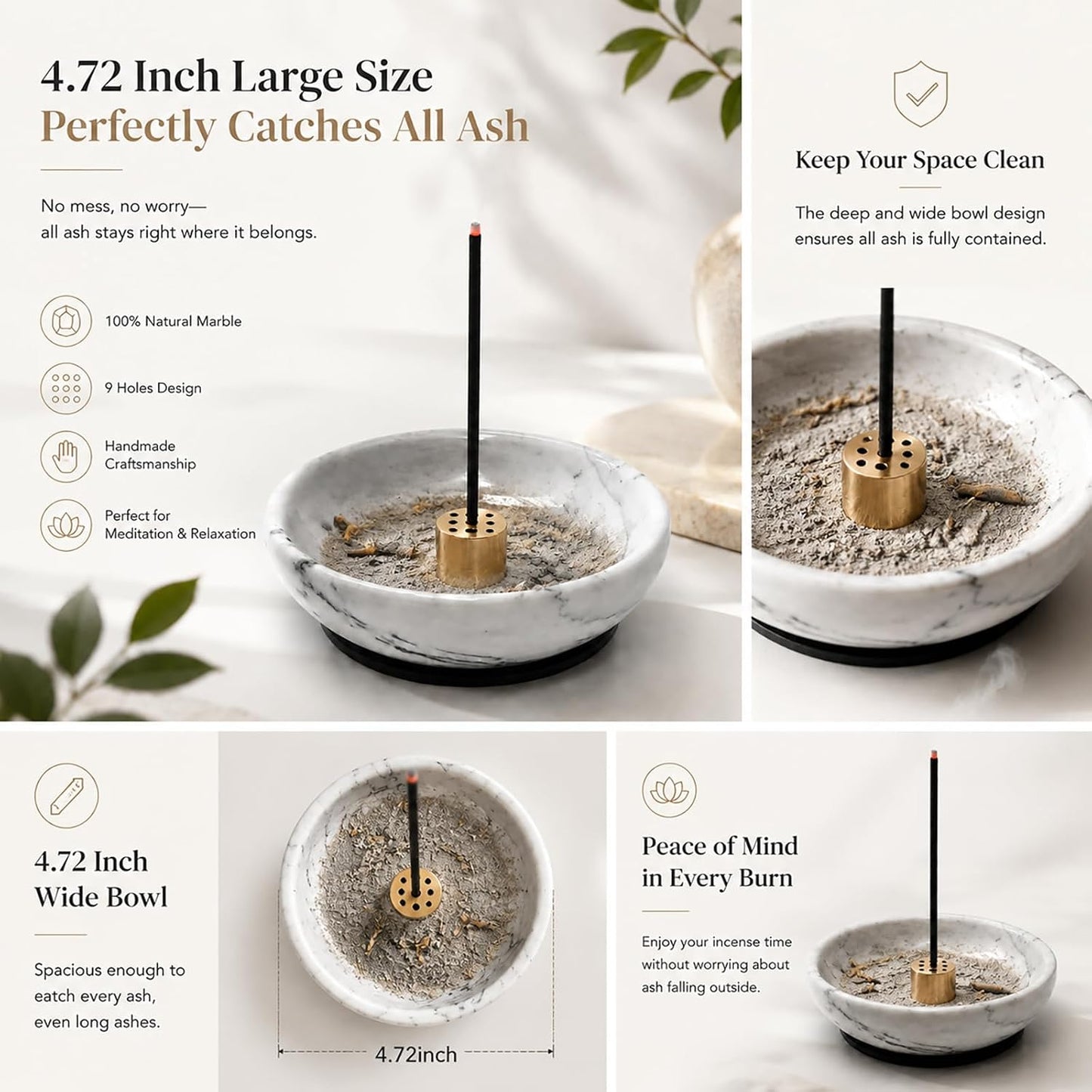 Natural Marble Incense Holder, 4.72 Incense Holder for Sticks with 9 Holes, Handmade Incense Burner for use in Meditation/Palo Santo/Sage/Cone (Cloud Gray)