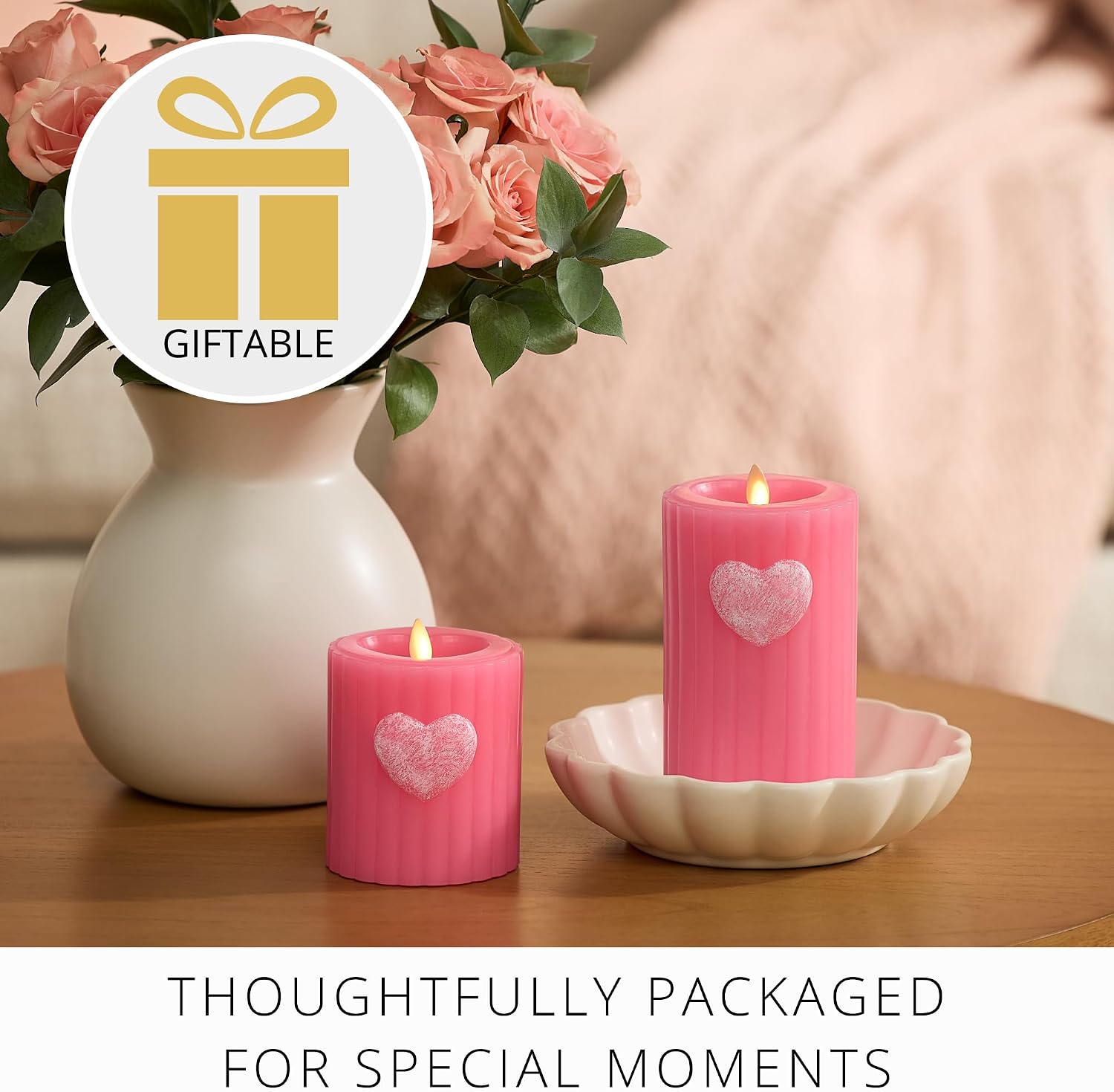 Luminara Flickering Flameless 3.7" x 4.5" Pillar Candle, Battery Operated Remote Ready (Sold Separately) & Timer Function, LED Light, Ribbed Real Pink Wax w/Embossed Heart Design for Valentine's Day