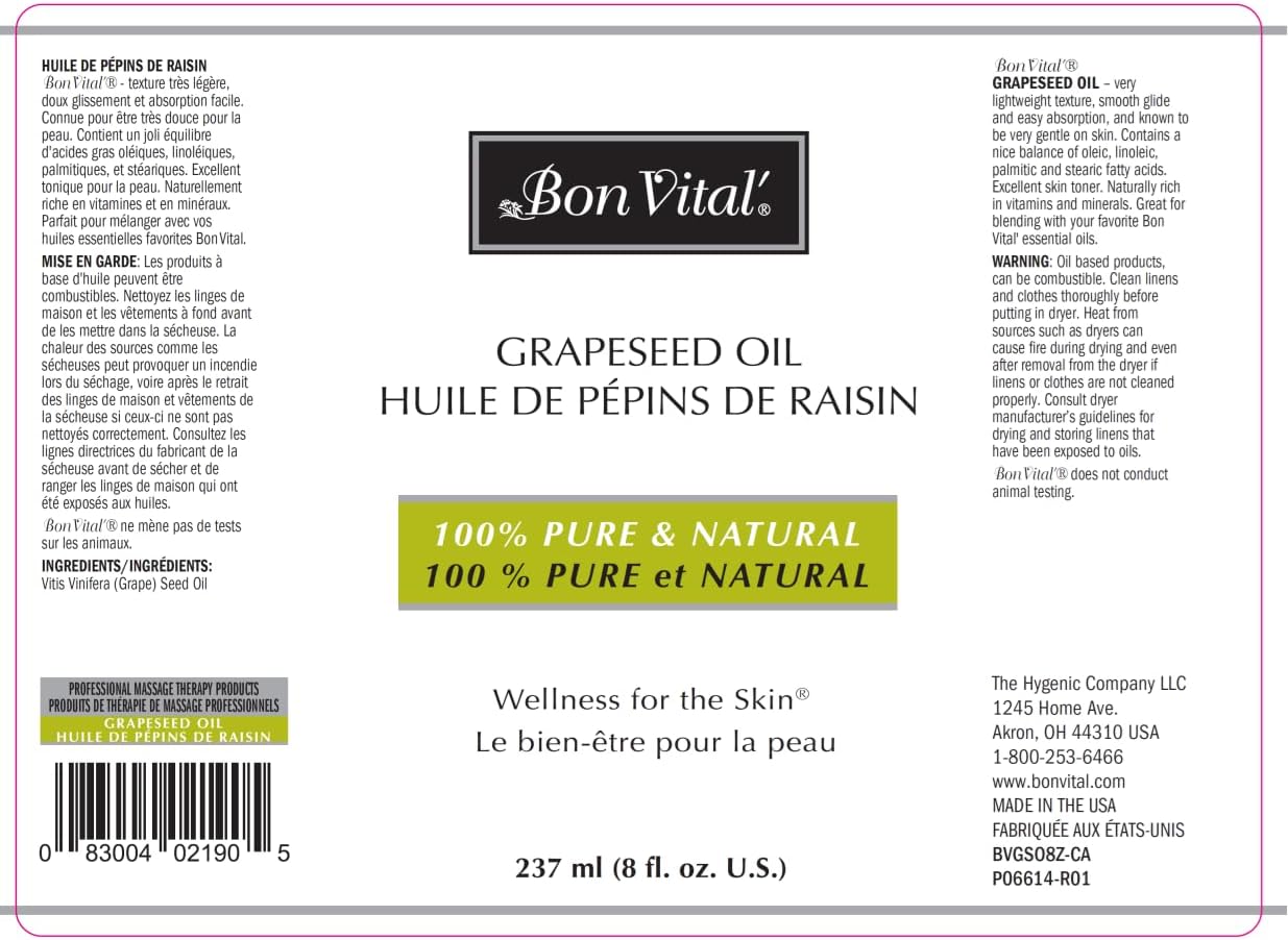 Bon Vital' Grapeseed Oil, 100% Pure Skin Toner and Massage Oil, For Hair Care, Aromatherapy, and Massage, Helps Reduce Wrinkles and Prevents Premature Aging, Skin Moisturizer, 8 Oz, Label may Vary