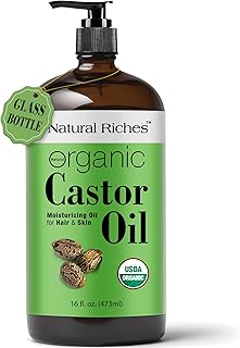 Natural Riches Organic Castor Oil Glass Bottle - USDA Certified, 100% Pure, Unrefined & Cold Pressed – Soothes Dry Skin, Scalp - For Hair Growth & Thicker Eyelashes, Eyebrows – 16 fl oz