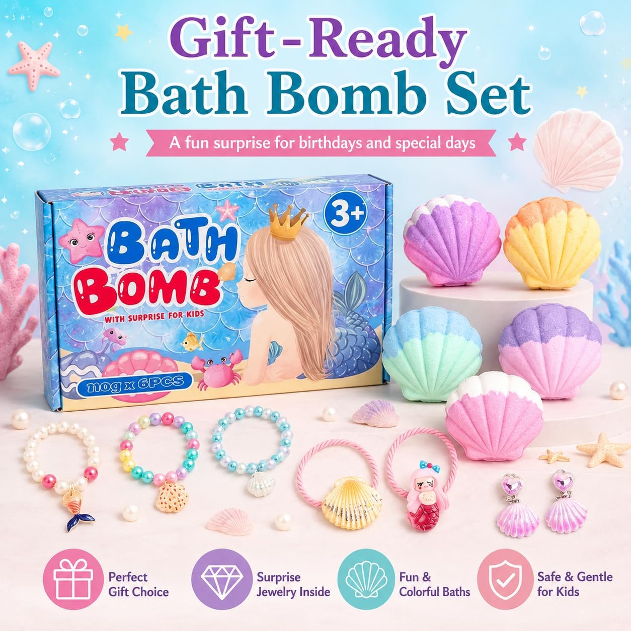 Shell Bath Bombs for Kids Girls with Surprise Inside, 6 PCS Bath Bombs Gift Set with Toys, Colorful Fizzy Bath Bomb for Girls Ages 3+, Kids Bath Bombs for Toddler Girl Christmas Birthday Gifts