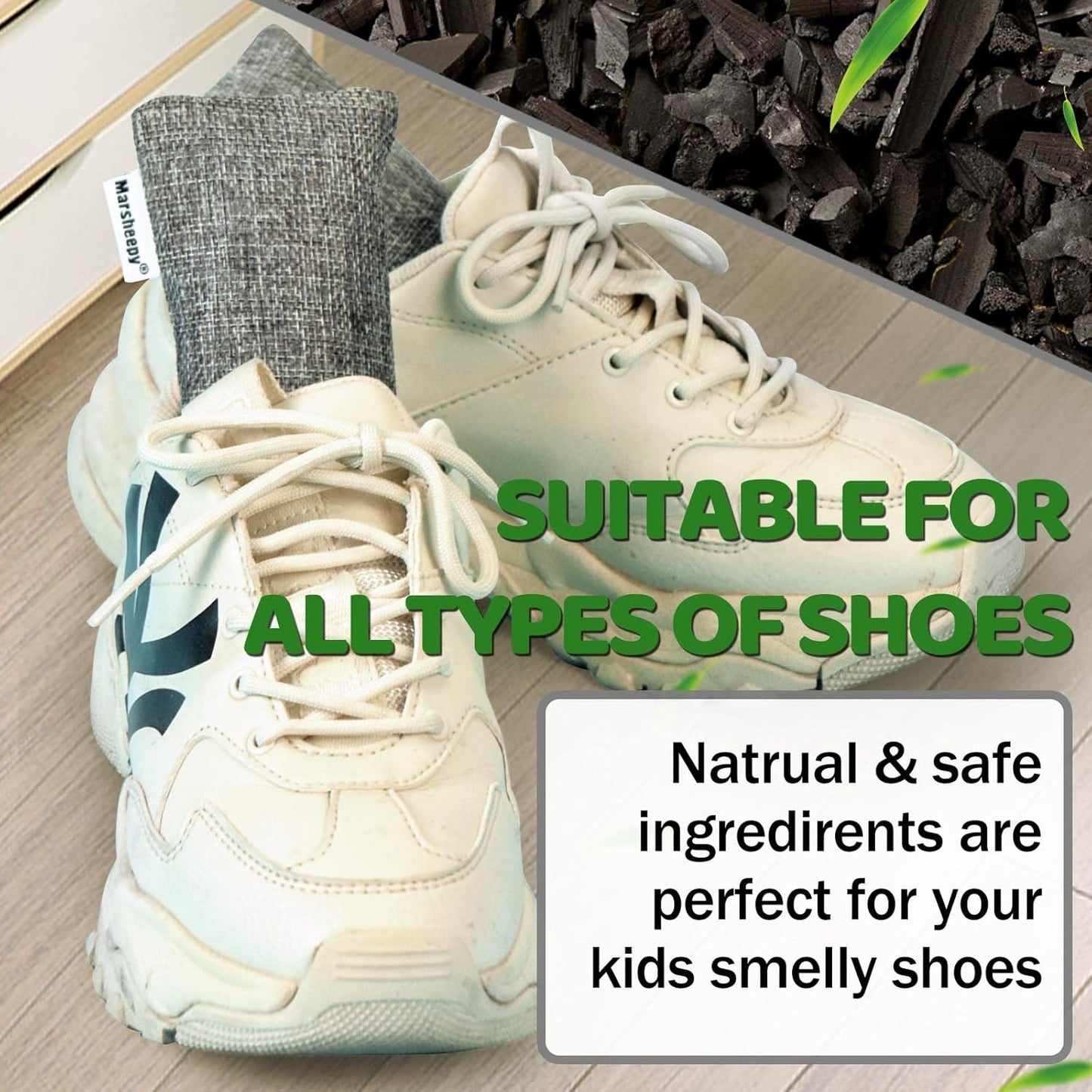 Marsheepy 6 Pack Activated Charcoal Odor Absorber Bags, Shoe Deodorizer insert and Shoe Odor Remover, 100% Natural Shoes Smell Remover，Shoe Odor Eliminatorr (60g X 6 PACK)
