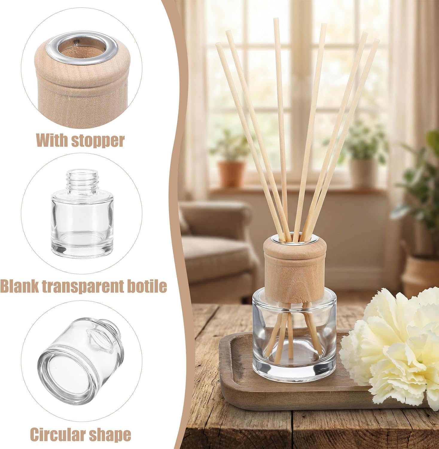 20 Set Reed Diffuser Bottle Refillable Empty Glass Jars with Wooden Caps & Sticks, 50ml (1.7 oz) Round Wide Mouth Bottles for DIY Fragrance, Home Decor, Gifts