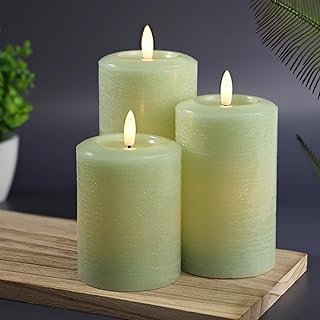 LumiPur Essentials Natural Glow Flameless Flickering Wax Pillar 3 Pack LED Candles (3" x 4" 5" & 6") Sage Green