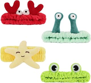 Spa Headbands for Girls Women, 4 Pack Cute Cartoon Animal Headbands for Skincare Makeup Washing Face, Cute Frog Snail Crab Starfish Hairbands Hair Accessories Funny Stuff Beauty