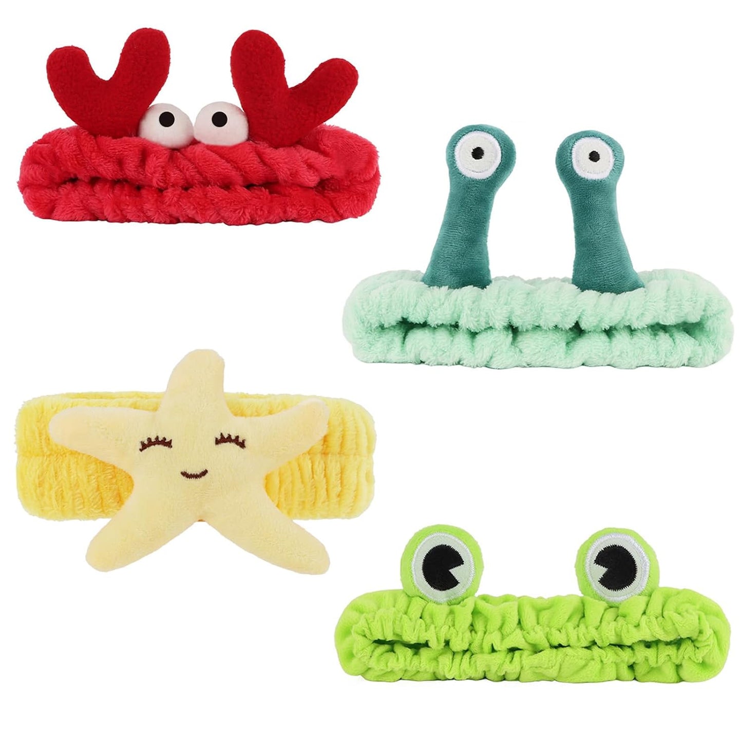 Spa Headbands for Girls Women, 4 Pack Cute Cartoon Animal Headbands for Skincare Makeup Washing Face, Cute Frog Snail Crab Starfish Hairbands Hair Accessories Funny Stuff Beauty