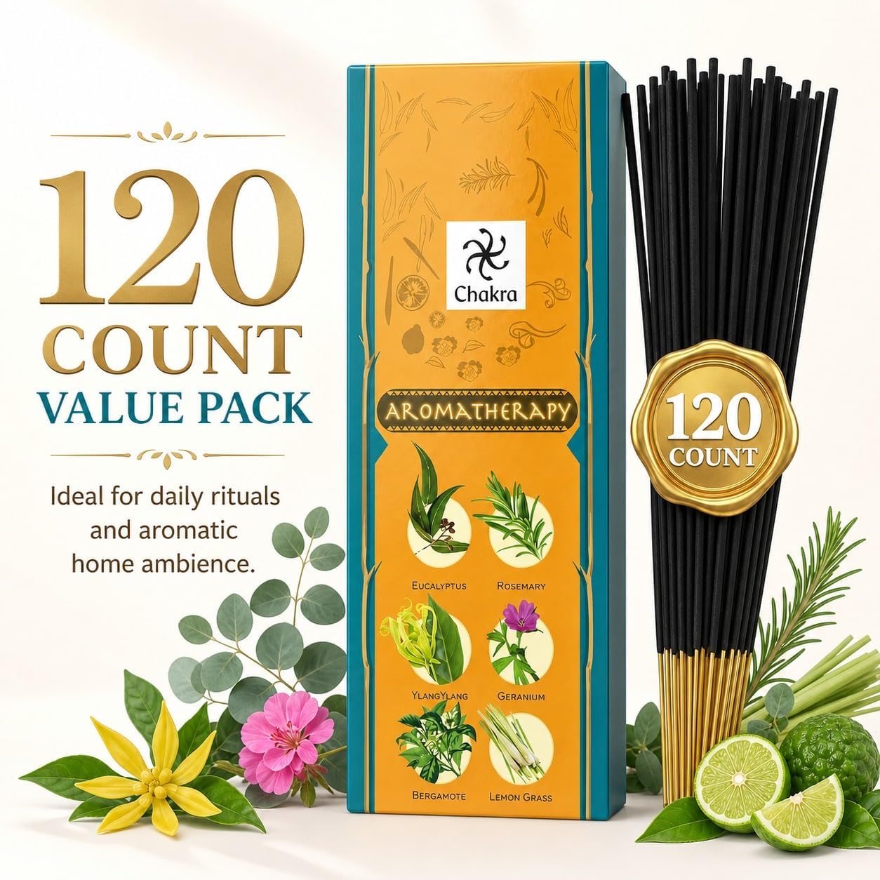Aromatherapy Incense Gift Pack – 120 Natural Sticks (6 Boxes) – Relaxing, Stress Relief, Meditation, Refreshing, Sensuality & Energising Scents – Eucalyptus, Geranium & More | Chakra