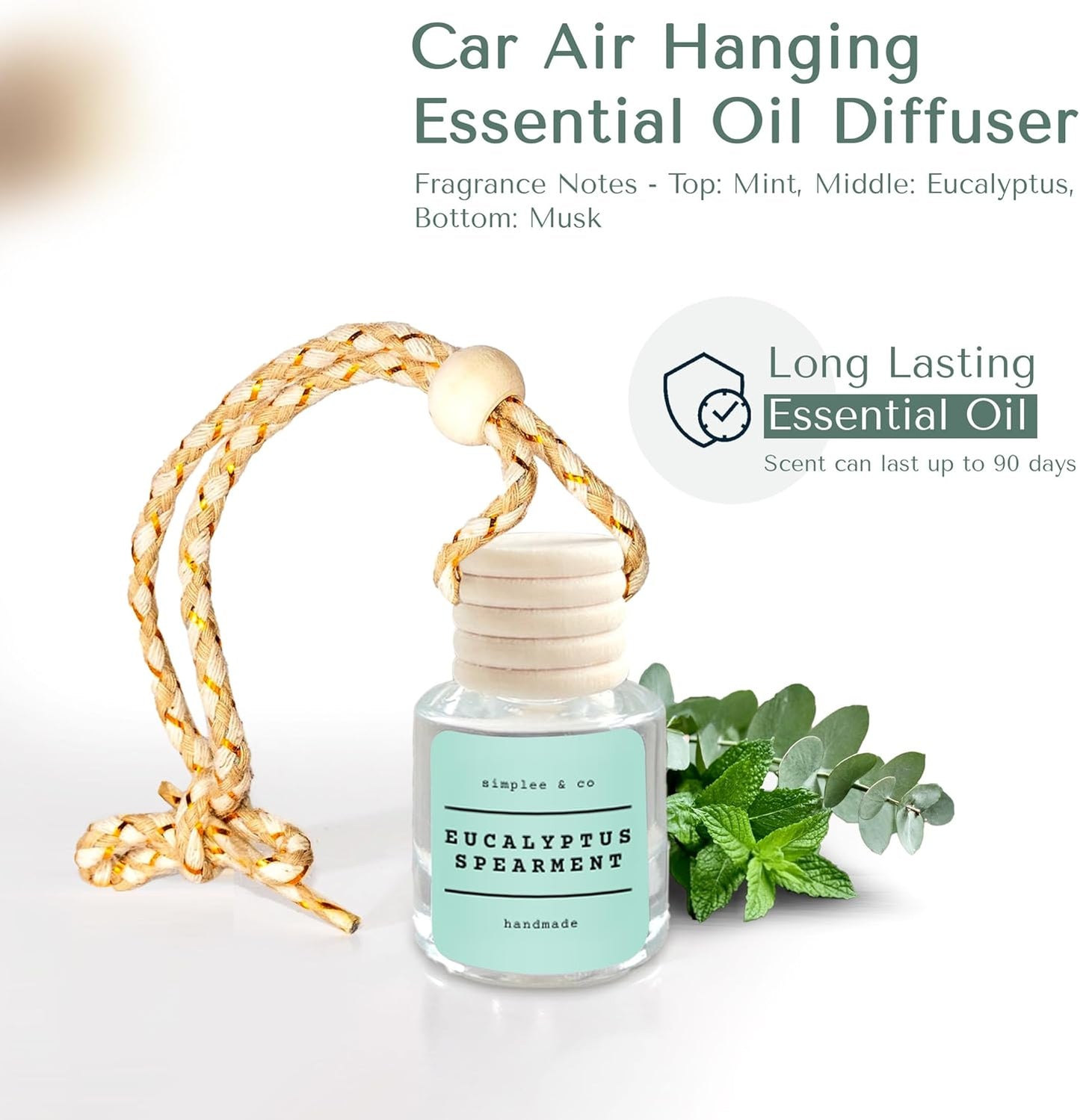 Eucalyptus & Spearmint Air Freshener Hanging, Long Lasting Essential Oil Diffuser for Car, 2 Pack Fragrance, Reusable Glass Bottle Car Freshener, Made in USA Simplee & Co