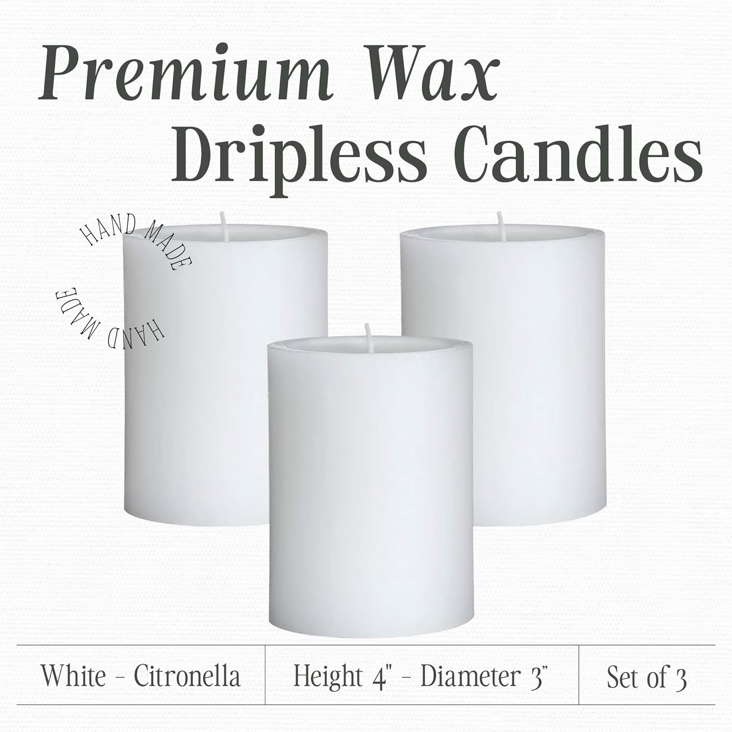 Mister Candle - Citronella Candles, Ideal for Outdoor & Indoor Use, 3"x4" White Pillar Candles Set of 3, Hand Poured, Premium Wax & Dripless, 60 Hour Burn Time