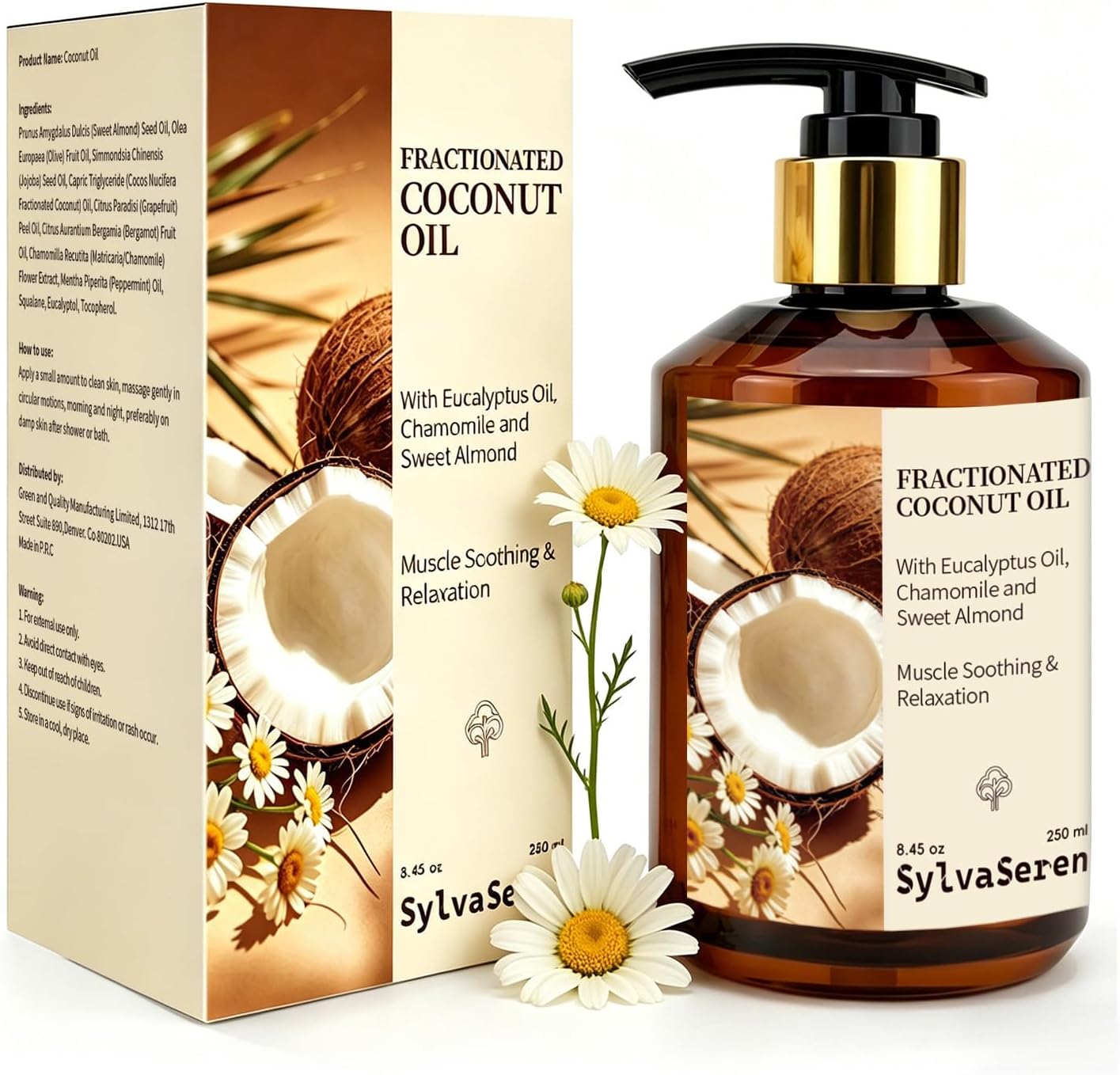 Organic Fractionated Coconut Oil Body Massage Oil with Sweet Almond & Chamomile – Lightweight, Non-Greasy, Relaxing Muscle Massage & Skin Moisturizer, 250 ml / 8.45 oz