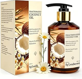 Organic Fractionated Coconut Oil Body Massage Oil with Sweet Almond & Chamomile – Lightweight, Non-Greasy, Relaxing Muscle Massage & Skin Moisturizer, 250 ml / 8.45 oz
