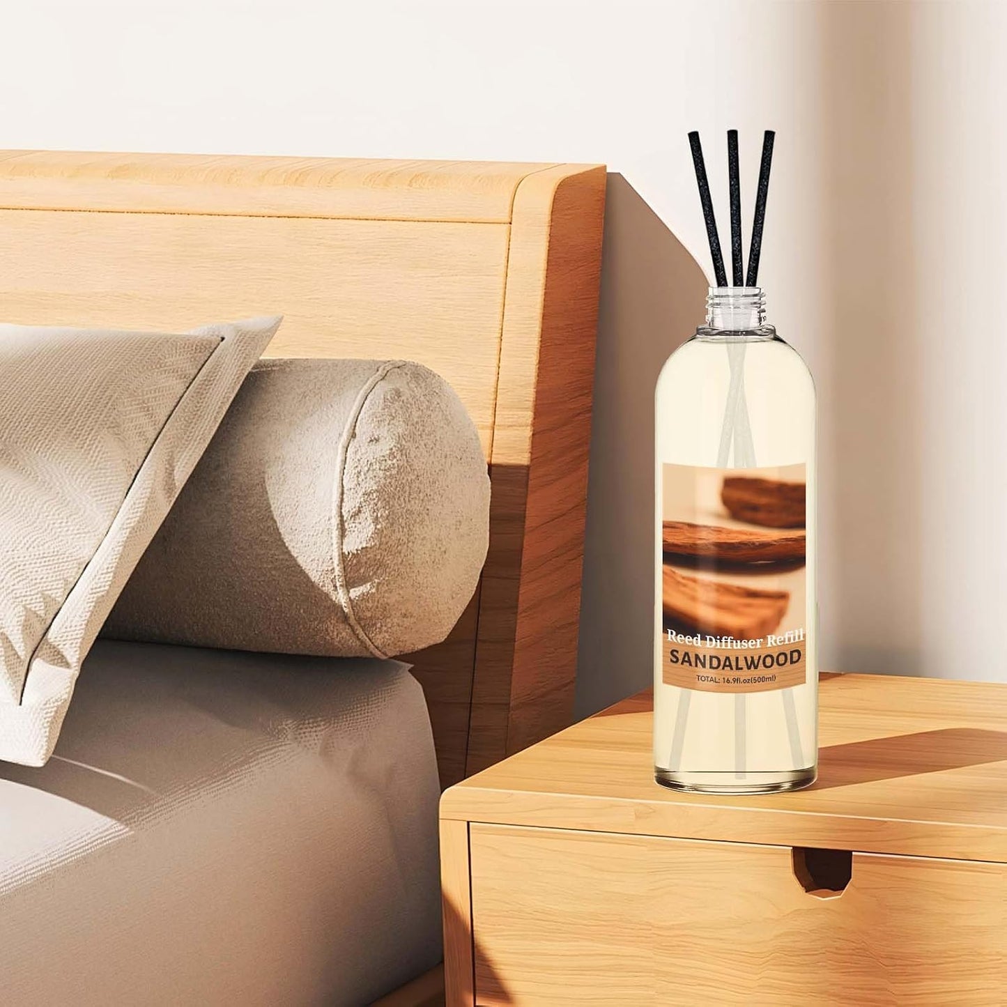 STRN Sandalwood Reed Diffuser Refill 500ml with 6 Natural Reed Sticks, Premium Aromatherapy for Home, Long-Lasting Fragrance for Living Room, Bedroom, Office | Alcohol-Free