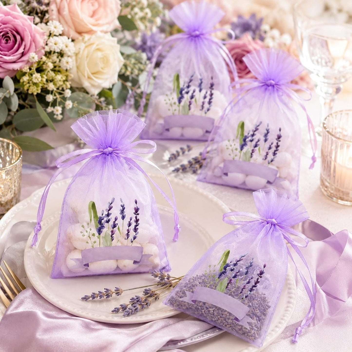 LUOZZY 50 Pcs Drawstring Organza Sachet Bags Small Mesh Lavender Sachets Bags Dried Flower Bags Christmas Wedding Party Favors Pouches (Light Purple)