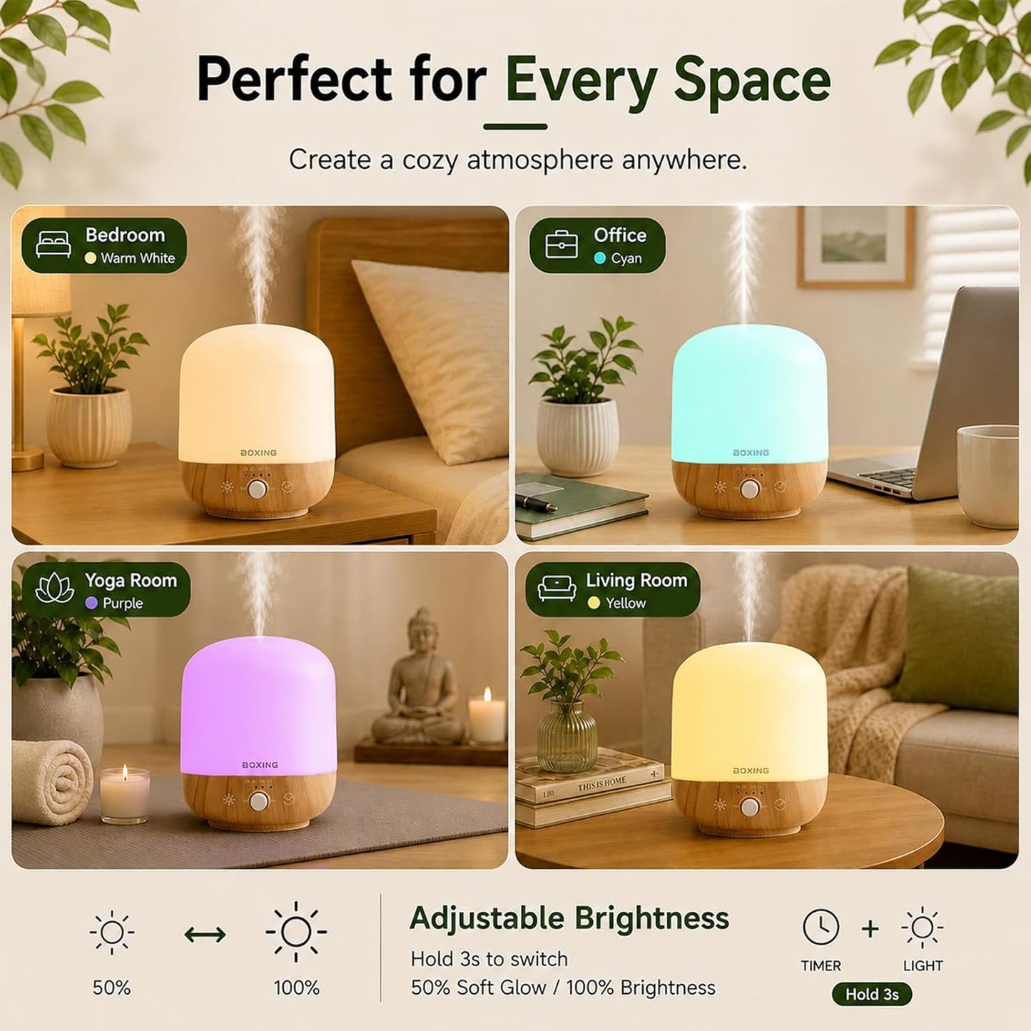 Essential Oil Diffuser 300ML for Bedroom & Large Room, Up to 24 Hours Runtime, Aromatherapy Diffuser with Auto Shut-Off, 28dB Whisper Quiet, 7 Color Night Light, Wood Grain Diffuser by BOXING