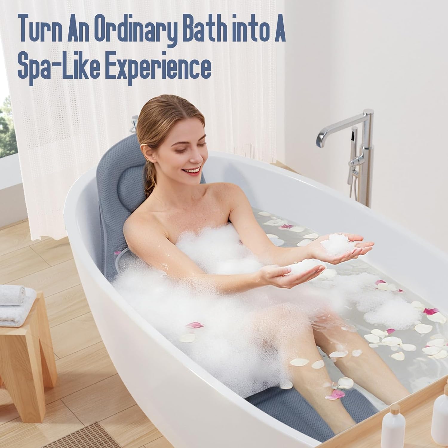 Luxury Full Body Bathtub Pillow 6D Air Mesh,Extra Long Bath Pillow for Tub Non Slip,Soft Relax Tub Pillow for Bath Head Neck Back Waist Support,Large Thick Spa Bathtub Cushion (Gray)