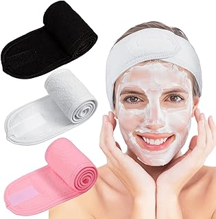 Whaline 3Pcs Spa Facial Headband Make Up Wrap Head Terry Cloth Headband Adjustable Washable Towel for Shower Makeup Face Washing Skincare Facial Treatment Sport Fits (White, Black, Pink)