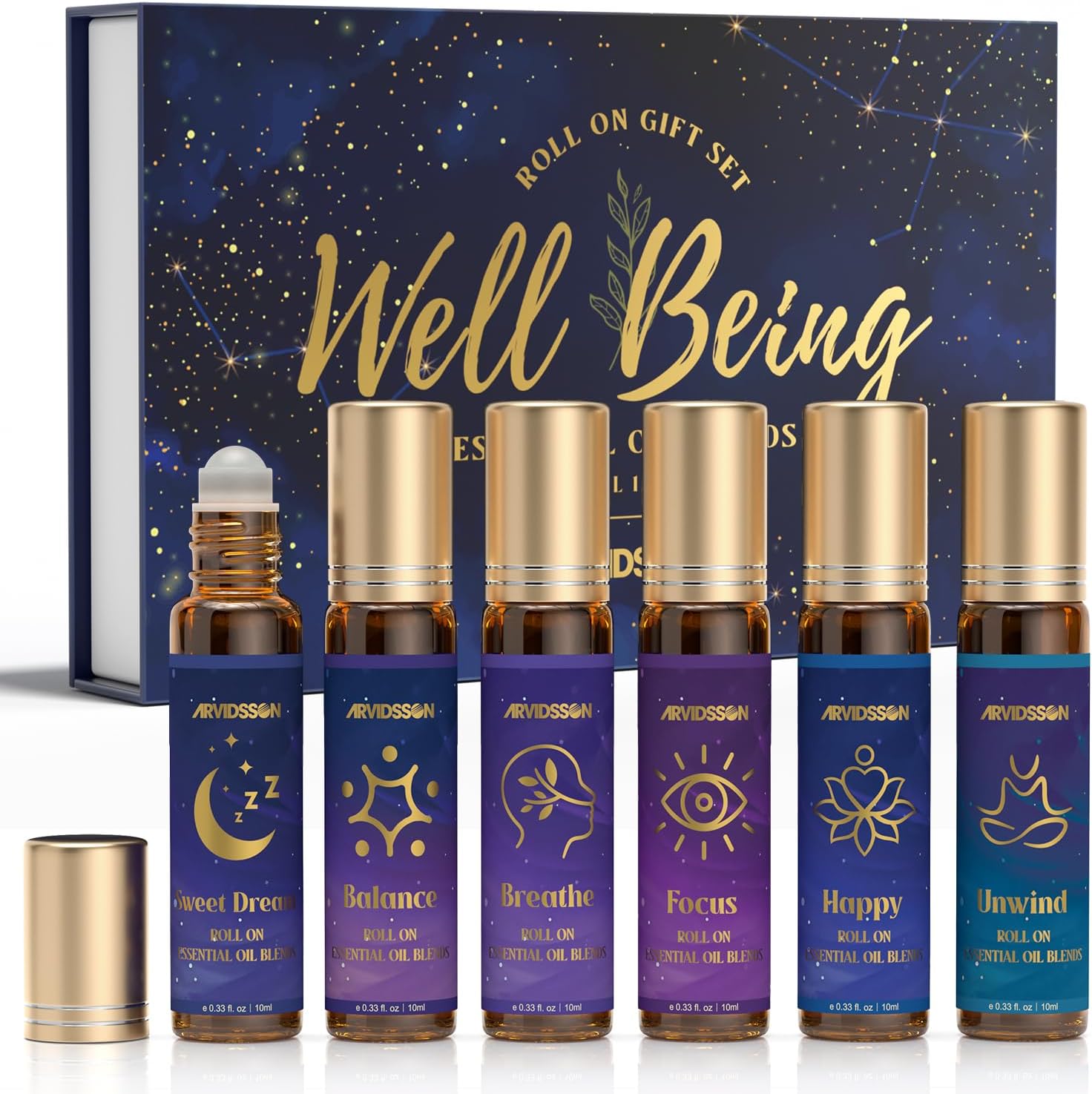 ARVIDSSON Essential Oils Roll On Set, Natural Self Care Essential Oil Blends Gift for Women - Sweet Dream, Unwind, Breahte, Balance, Focus, Happy, Aromatherapy Oil Roller for Body, Massage