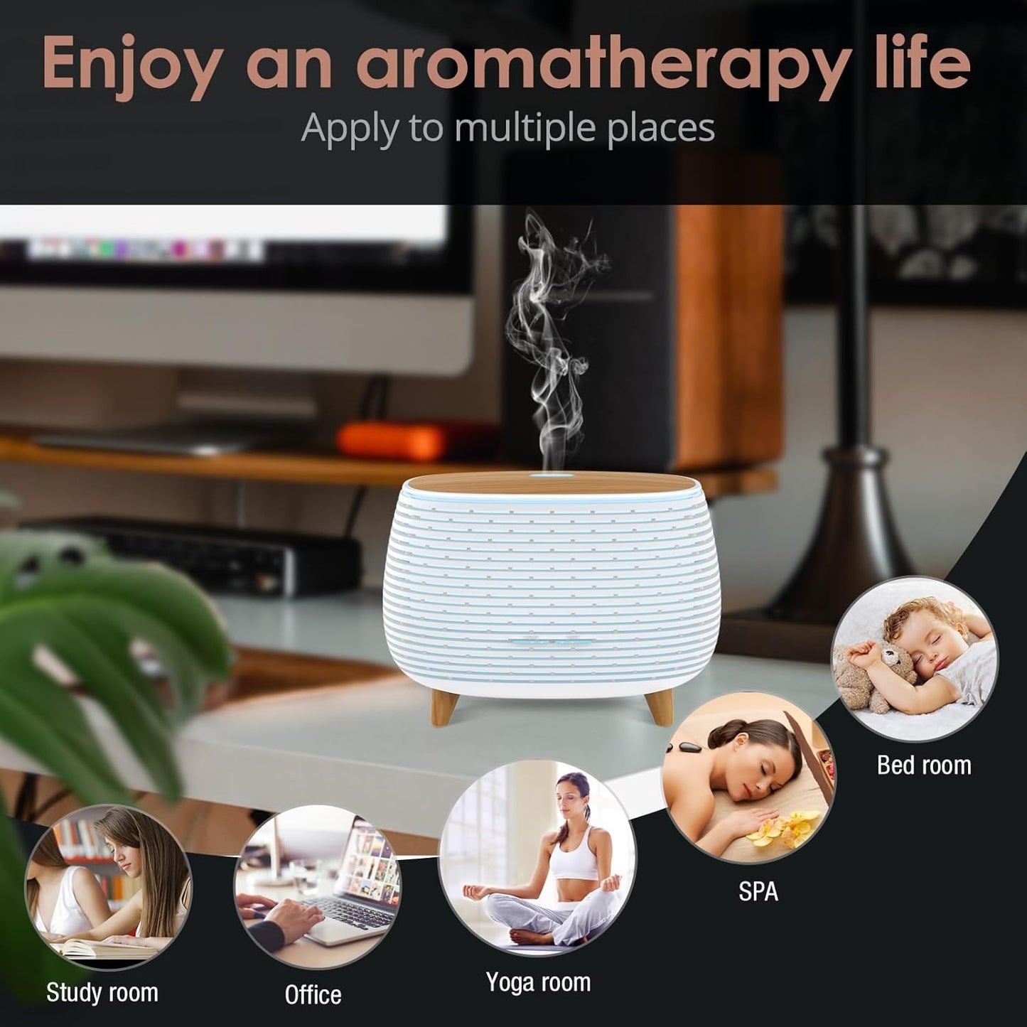 2-in-1 BT Speaker & Ultrasonic Essential Oil Diffuser,Aromatherapy Diffuser Cool Mist Humidifier with 7 Colors Lights for Large Room Home Office,400ml(White+Wooden Grain)