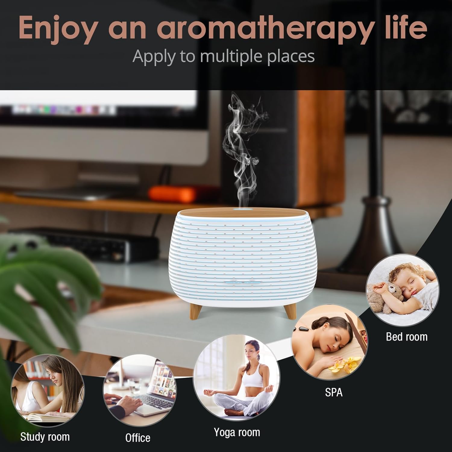 2-in-1 BT Speaker & Ultrasonic Essential Oil Diffuser,Aromatherapy Diffuser Cool Mist Humidifier with 7 Colors Lights for Large Room Home Office,400ml(White+Wooden Grain)