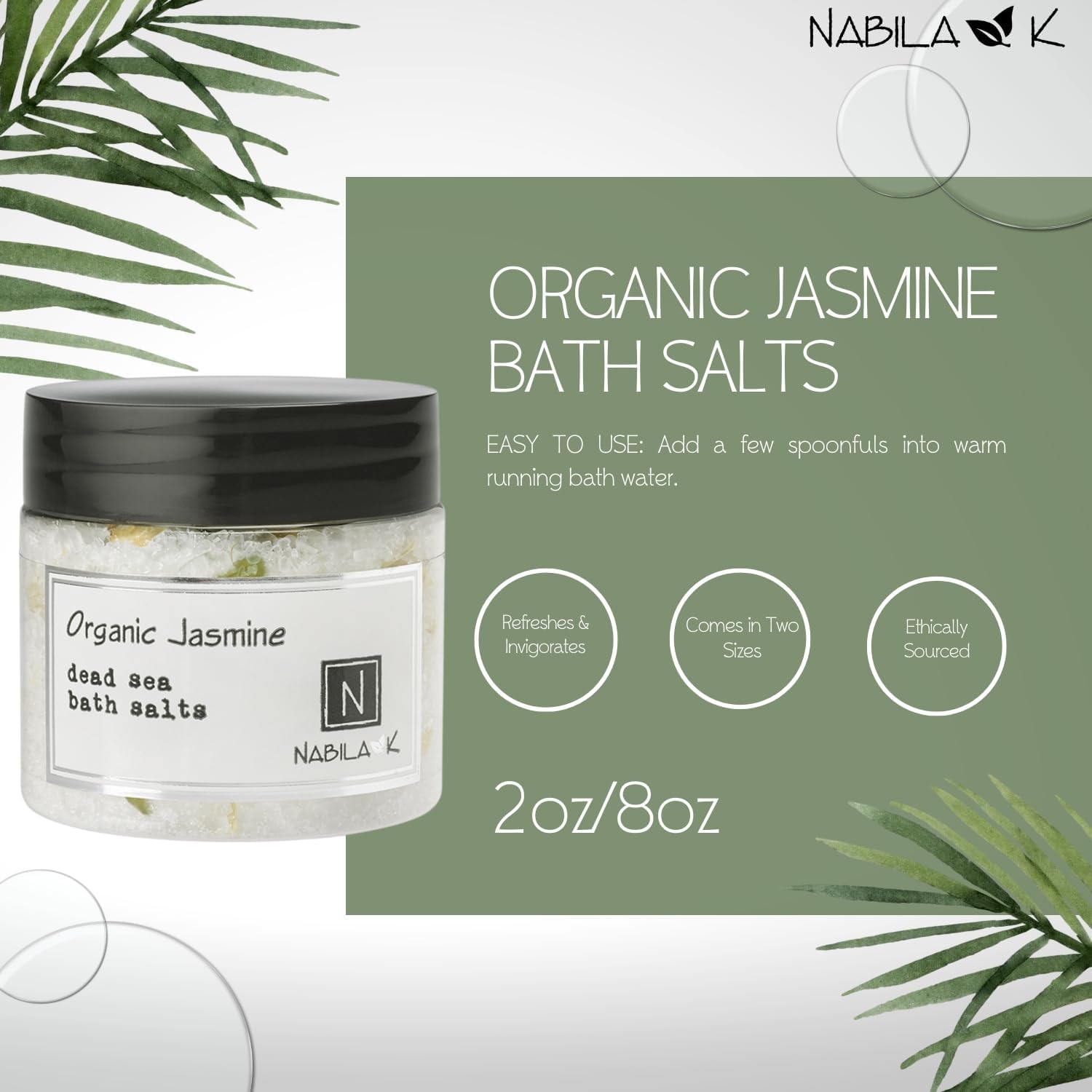 Organic Jasmine Bath Salts for Women & Men - Dead Sea Salt & Epsom Salt Soak and Scrub - Organic Jasmine Buds & Sambac Extract, Cruelty-Free, Sulfate-Free | Travel Size, 2 oz | Nabila K