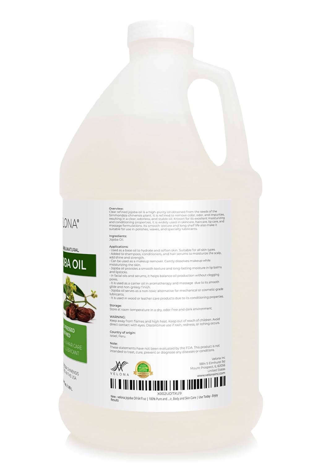 velona Jojoba Colorless Oil 64 fl oz | 100% Pure and Natural Carrier Oil | Clear, Refined, Cold Pressed | Moisturizing Face, Hair, Body and Skin Care | Use Today - Enjoy Results