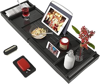 Bath Caddy Tray for Bathtub - Bamboo Adjustable Organizer Tray for Bathroom with Free Soap Dish Suitable for Luxury Spa or Reading(Black)