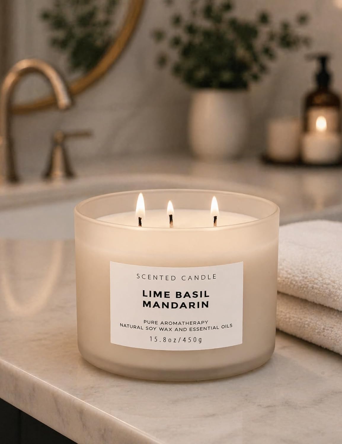 Lime Basil Mandarin 3-Wick Soy Candle | 15.8 oz Large Scented Candle for Home | Clean Burn Long Lasting | Fresh Herbal Citrus Scent | Gift Ready