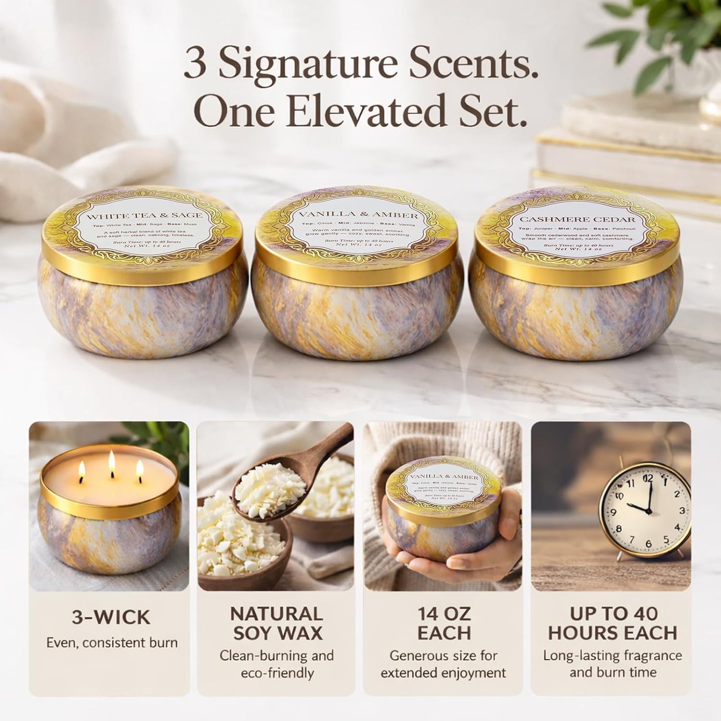 YMing 3-Wick Candle Gift Set, 3 Pack, 14 oz Each, Scented Candles for Home, White Tea & Sage, Vanilla & Amber, Cashmere Cedar