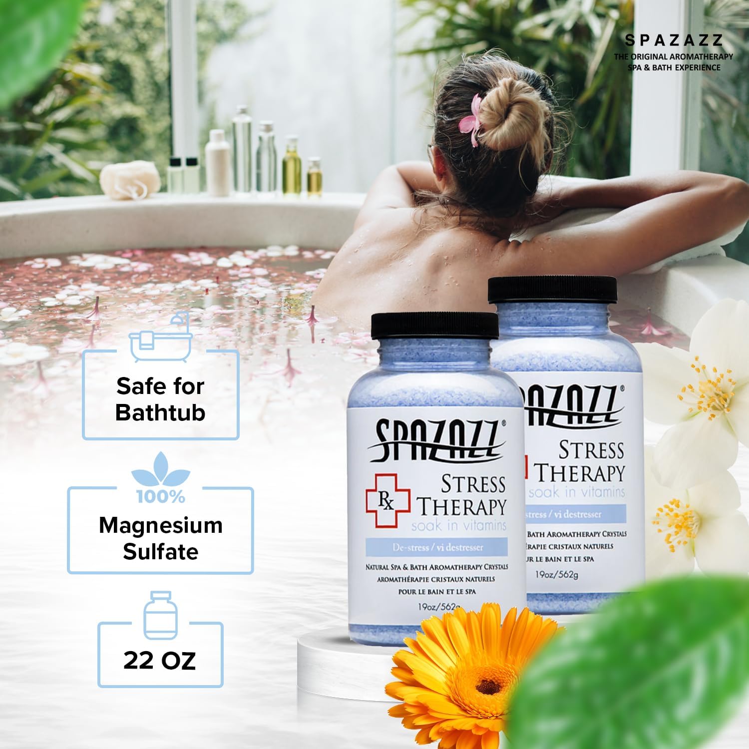 Spazazz Rx Stress Therapy Natural Spa & Bath Salt Aromatherapy Crystals- 2 Pack 19oz De-Stress - Calming & Relaxing Natural Aroma & Magnesium Mineral Bathing Salts - Safe for Your Hot Tub