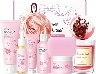 INSEEK Cherry Blossom Bath and Body Gift Set for Women, 9Pcs Bath Gift Sets, Home Bath Spa Gifts Set for Self Care, Christmas Birthday Gifts for Mom, Girlfriend, Sister, Female Friends