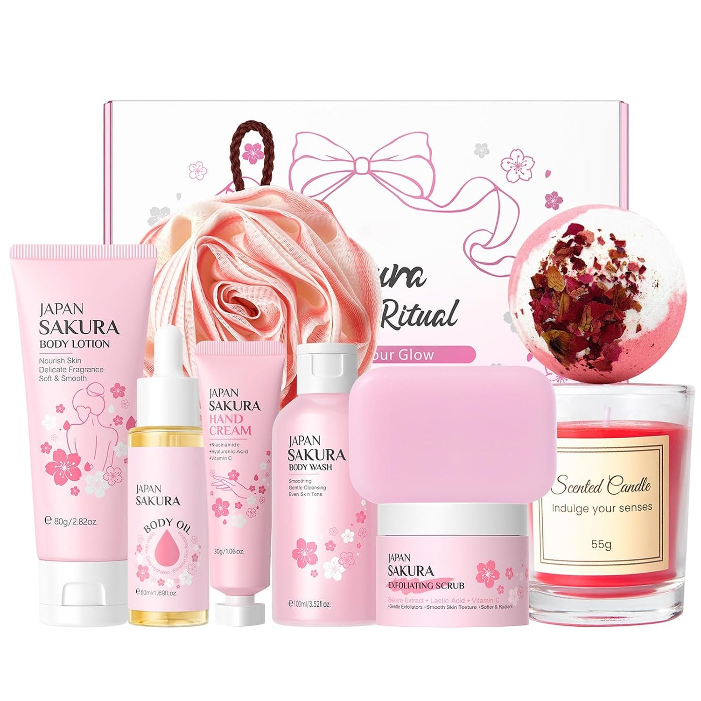 INSEEK Cherry Blossom Bath and Body Gift Set for Women, 9Pcs Bath Gift Sets, Home Bath Spa Gifts Set for Self Care, Christmas Birthday Gifts for Mom, Girlfriend, Sister, Female Friends