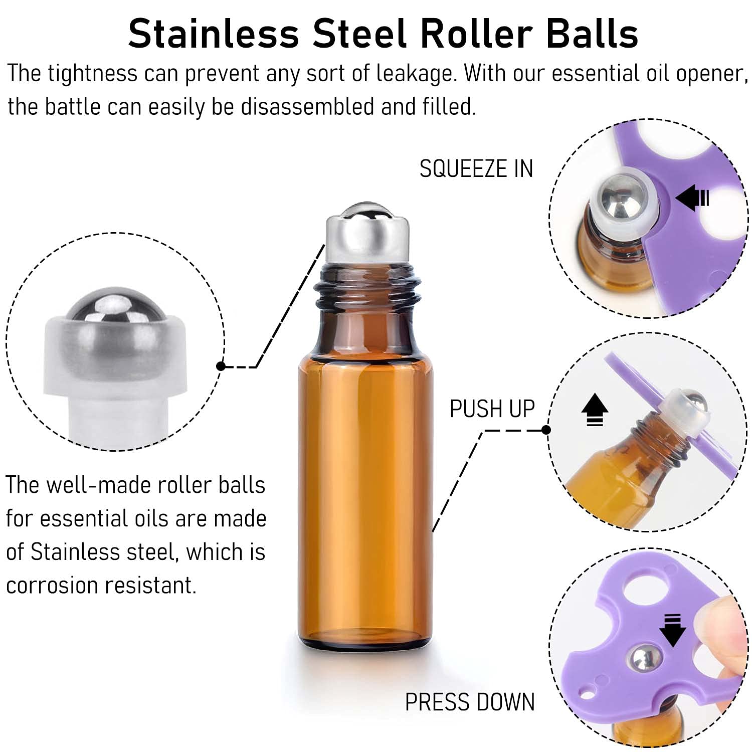Easytle Essential Oil Roller Bottles, 24 Pack Amber Glass Balls Roller Bottles 5ml for Essential Oils, Roll on Bottle (96 Pieces Labels, 4 Funnels, 4 Dropper, 2 Opener)