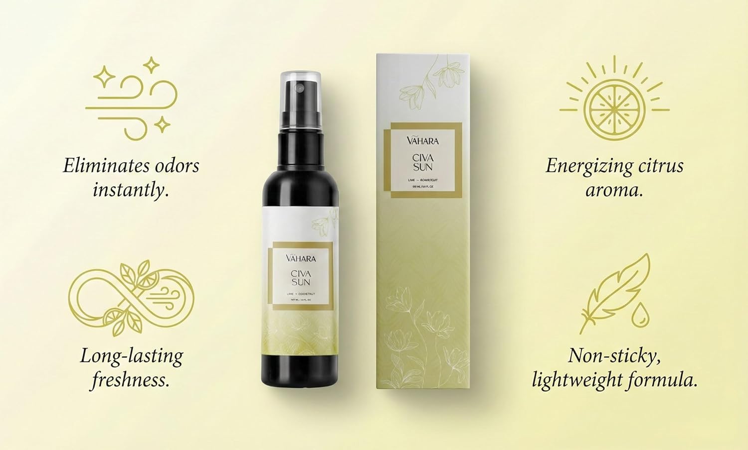 Luxury Linen & Room Spray – Long-Lasting Water-Based Home Fragrance with Essential Oils – Non-Toxic Air Freshener (3.38 FL OZ, Civa Sun)