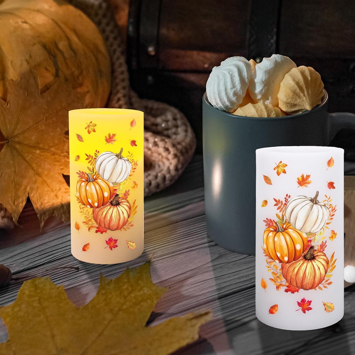 Whaline Fall LED Flameless Candles Orange Pumpkin Warm Light Battery Operated Pillar Candles Autumn Electric Flickering Candle for Thanksgiving Party Home Decor, Set of 3
