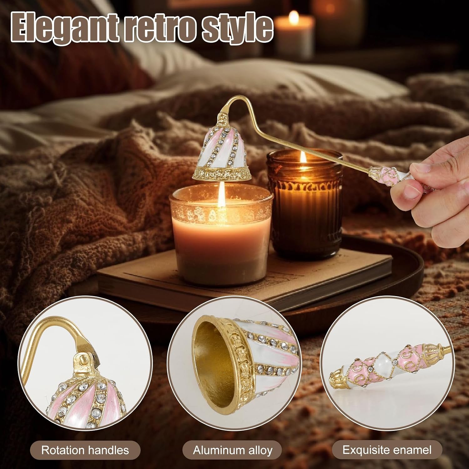 Candle Snuffer Vintage, Safe Candle Extinguisher with Metal Handle, Elegant Flower Shape Flame Extinguisher for Putting Out Flame (Pink)