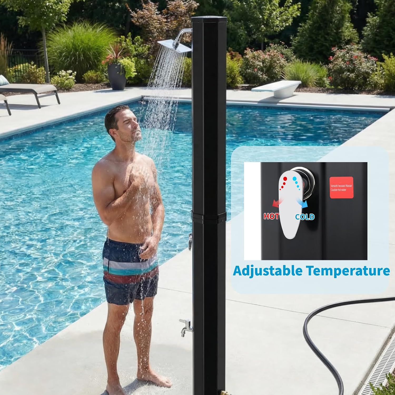MAMIZO Outdoor Solar Shower, 10.6 Gallon/16 Gallon Solar Heated Shower with Shower Head and Foot Shower Tap, 2-Section Pool Shower with Protective Cover for Backyard, Garden, Beach Spa (16 GAL)