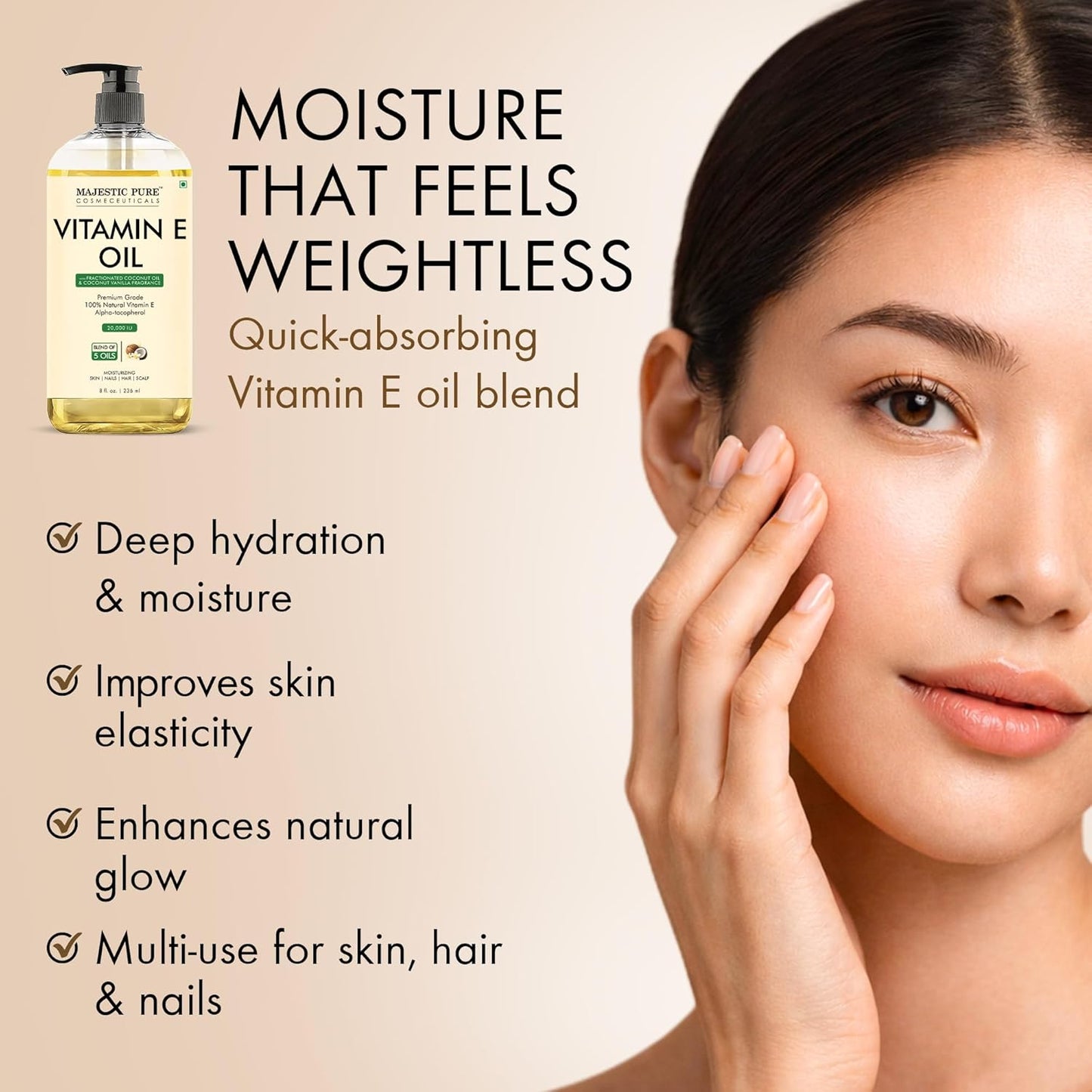 Majestic Pure Oil - 100% Pure and Natural- Cold Pressed & Hexane Free Natural Hair Growth Oil for Eyelashes, Eyebrows, Skin, Body, Face, Nails & Scalp - Coconut & Vanilla Formula Vitamin E Oil 8 Fl Oz