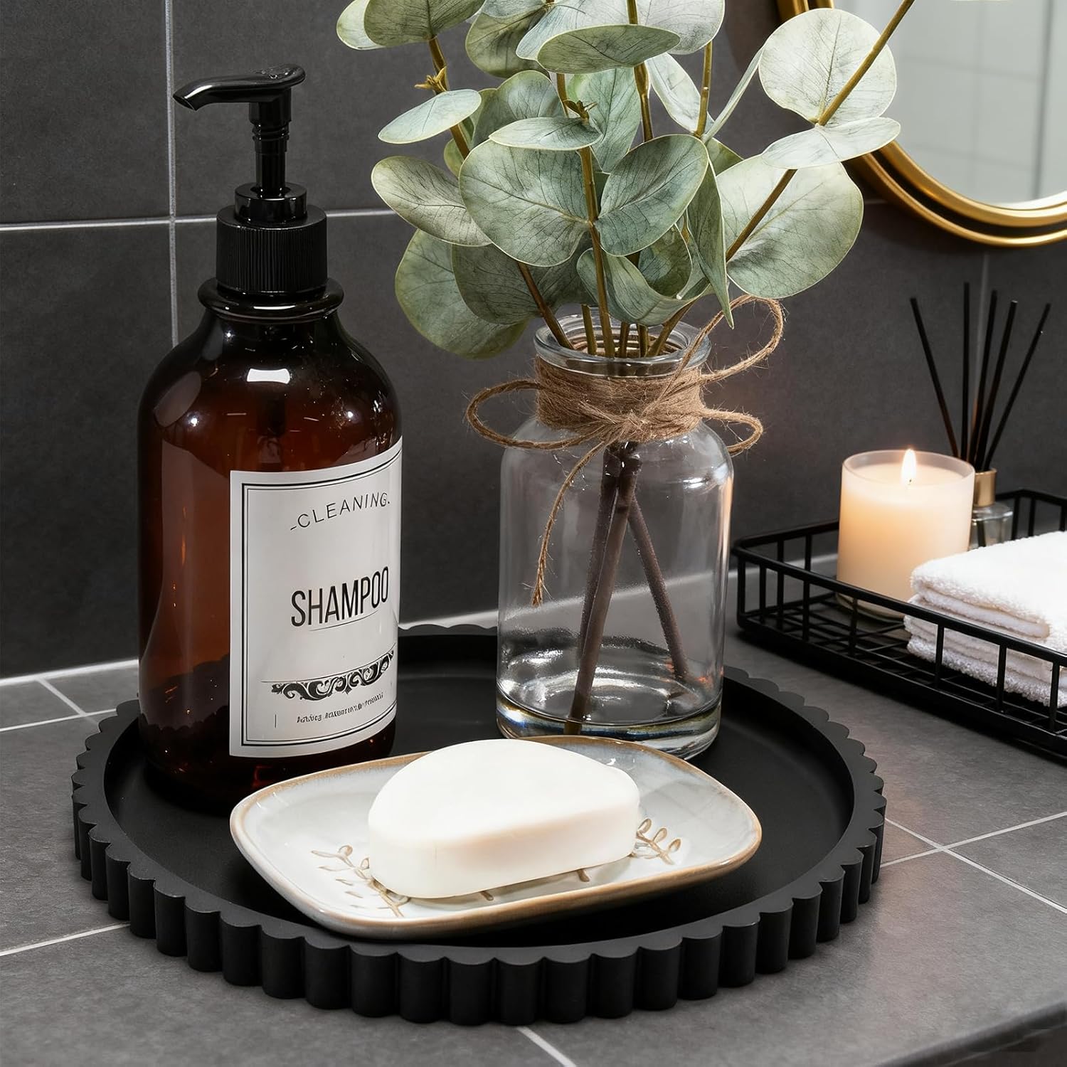 HighHerz Silicone Bathroom Countertop and Vanity Tray-10 Inch Round Silicone Bathroom Tray, Modern Bathroom Decor, Coffee Table Decor, Decorative Tray for Candle, Perfume, Plants (Black)