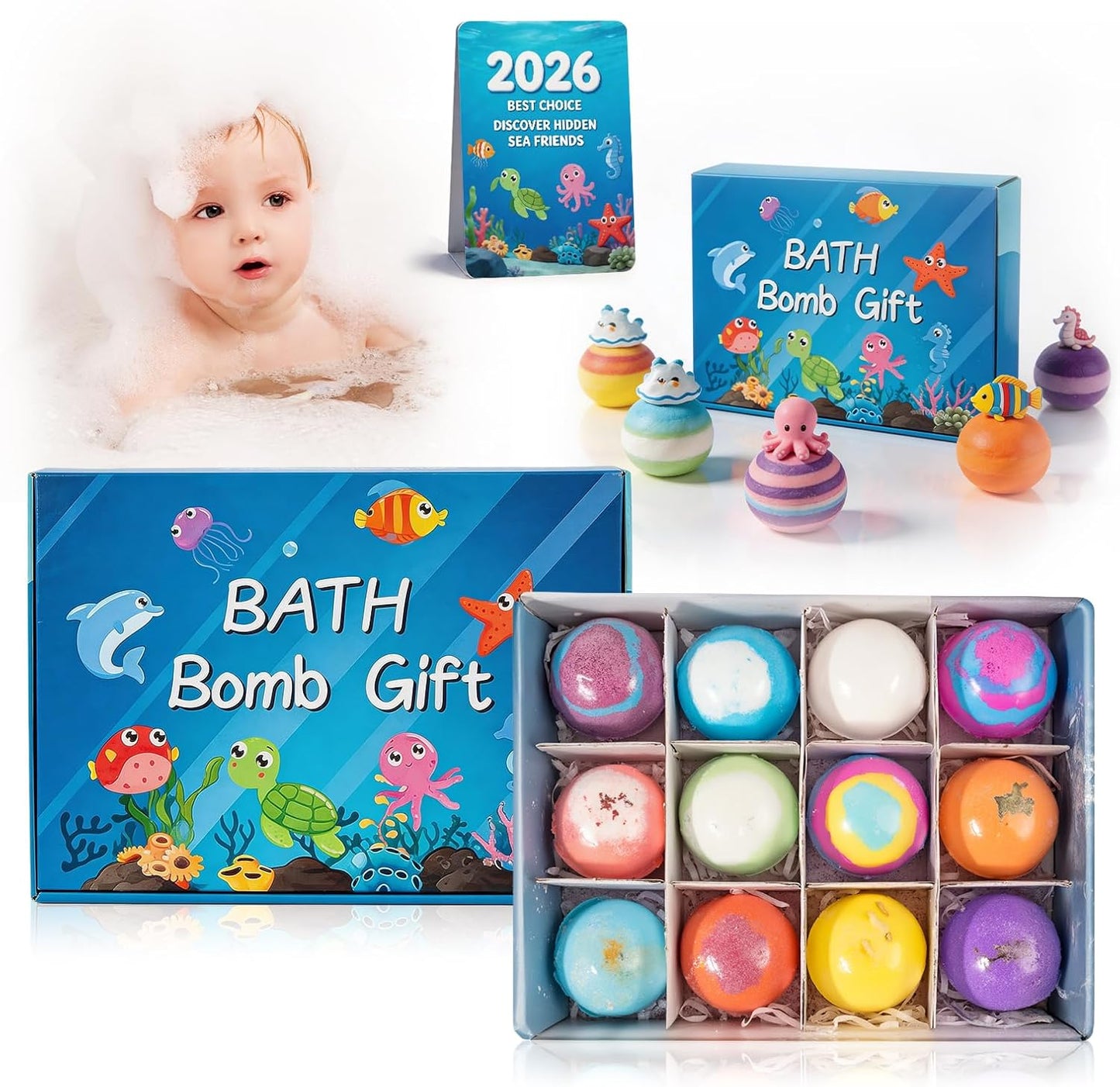 Bath Bombs with Toys Inside for Kids Toddler 1-3 Fizz Bathbombs Surprise Natural Organic Bubble Balls Boys and Girls Gifts Bulk Beads Foam Bubbly Ocean Burbujas para Bañera Niños