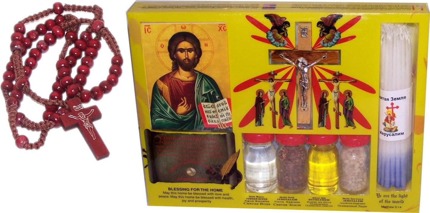 Holy Land Market Samples Set - Olive Wood Crucifix, Icon, Rosary, Anointing Oil, Holy Incense from Jerusalem Mix, Jordan Holy Water