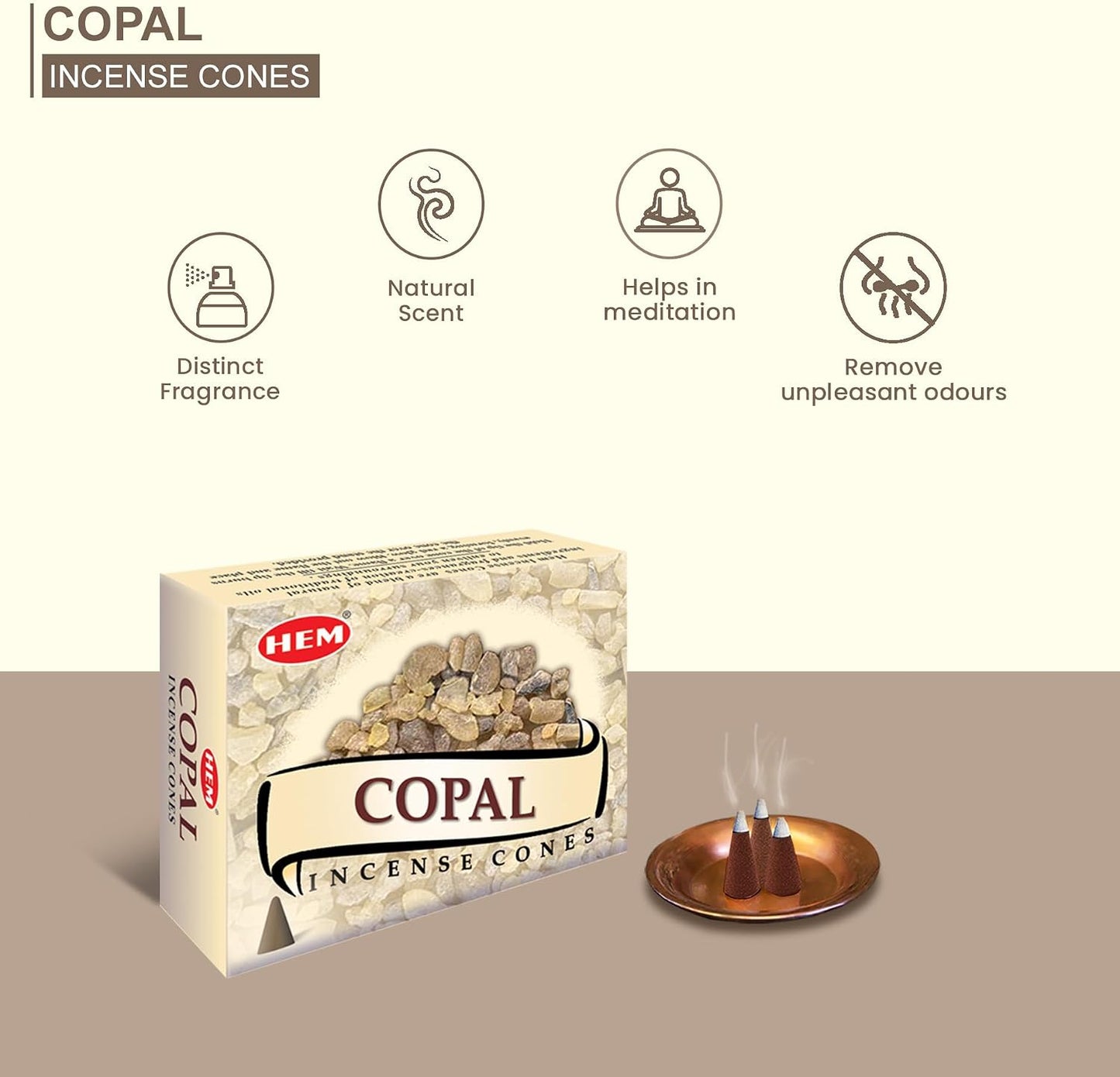 HEM Copal Incense Cones – Pack of 120 Cones (10 Boxes) – Natural Long-Lasting Aroma for Aromatherapy, Cleansing, Stress Relief & Home Fragrance