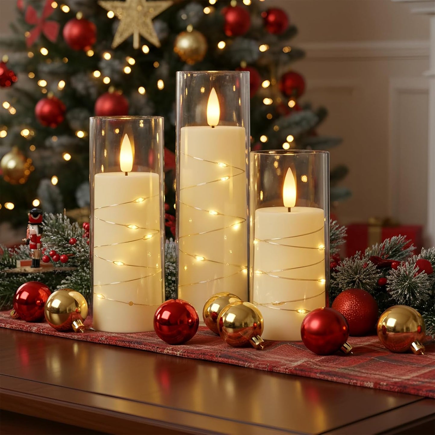 Raycare Flameless Candle with Remote Timer – 9 Flickering Acrylic Battery Operated LED Pillar Candles with Embedded Star String for Christmas, Wedding, Home Decor, and as a Gift (Ivory White)