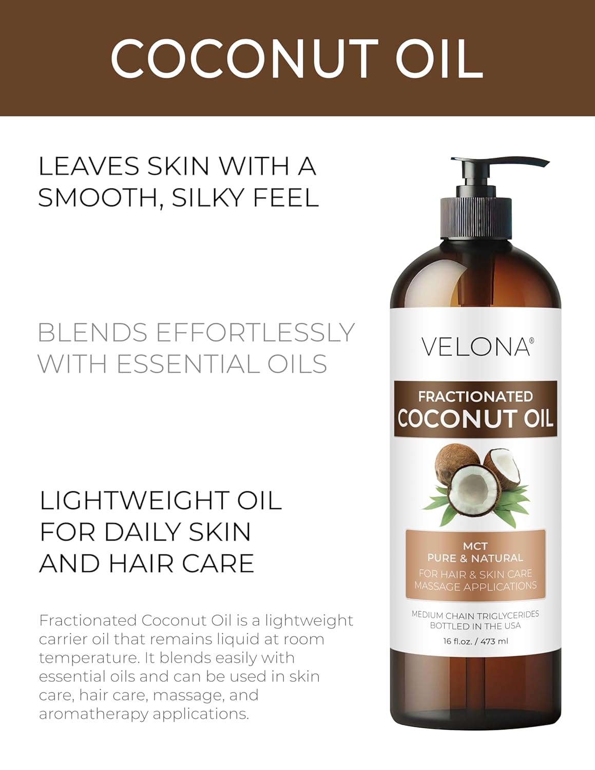 velona MCT Coconut Oil - 16 Fl Oz | 100% Pure and Natural Carrier Oil | Fractionated | Skin, Face, Body, Hair Care | Use Today - Enjoy Results