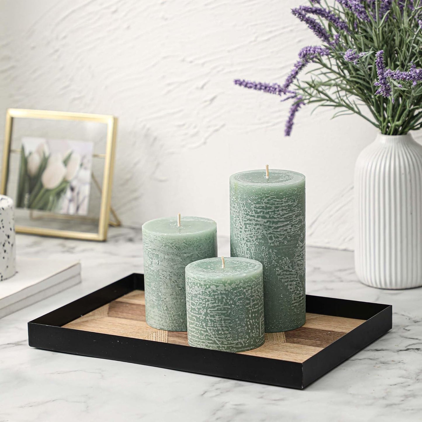 3x3 Inch Sage Green Pillar Candles - Set of 3, Long Clean Burning, Smokeless Dripless Candles for Spring Home Decor, Dinner Table, Bathroom, Rustic Decor