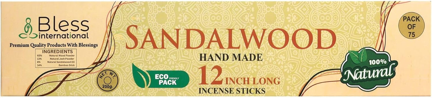 Bless-International-Sandalwood 100%-Natural-Handmade-Incense-Sticks Organic-Chemicals-Free-for-Relaxation-Positivity-Yoga-Meditation 12-Inches-1-Hour-Plus-Burning-Time-75-Sticks-7-OZ