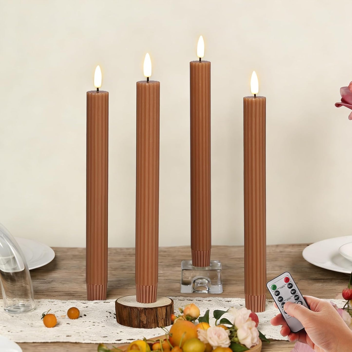 Brown Ribbed Fluted Flameless Taper Candles with Remote, Flickering Battery LED Wax Candlesticks Wedding Table Decor Set of 4