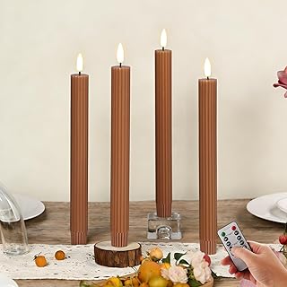 Brown Ribbed Fluted Flameless Taper Candles with Remote, Flickering Battery LED Wax Candlesticks Wedding Table Decor Set of 4