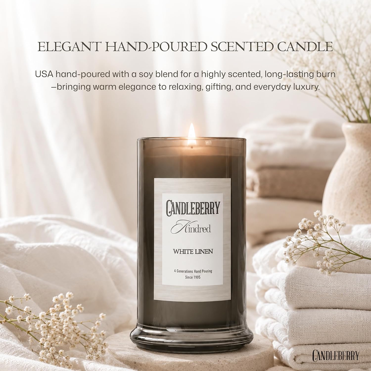 Candleberry Candles Kindred Spring Summer Collection | Luxury Glass Jar | USA Hand Poured Soy Blend Candle | Highly Scented & Long Lasting | Up to 90 Hour Burn Time (White Linen)