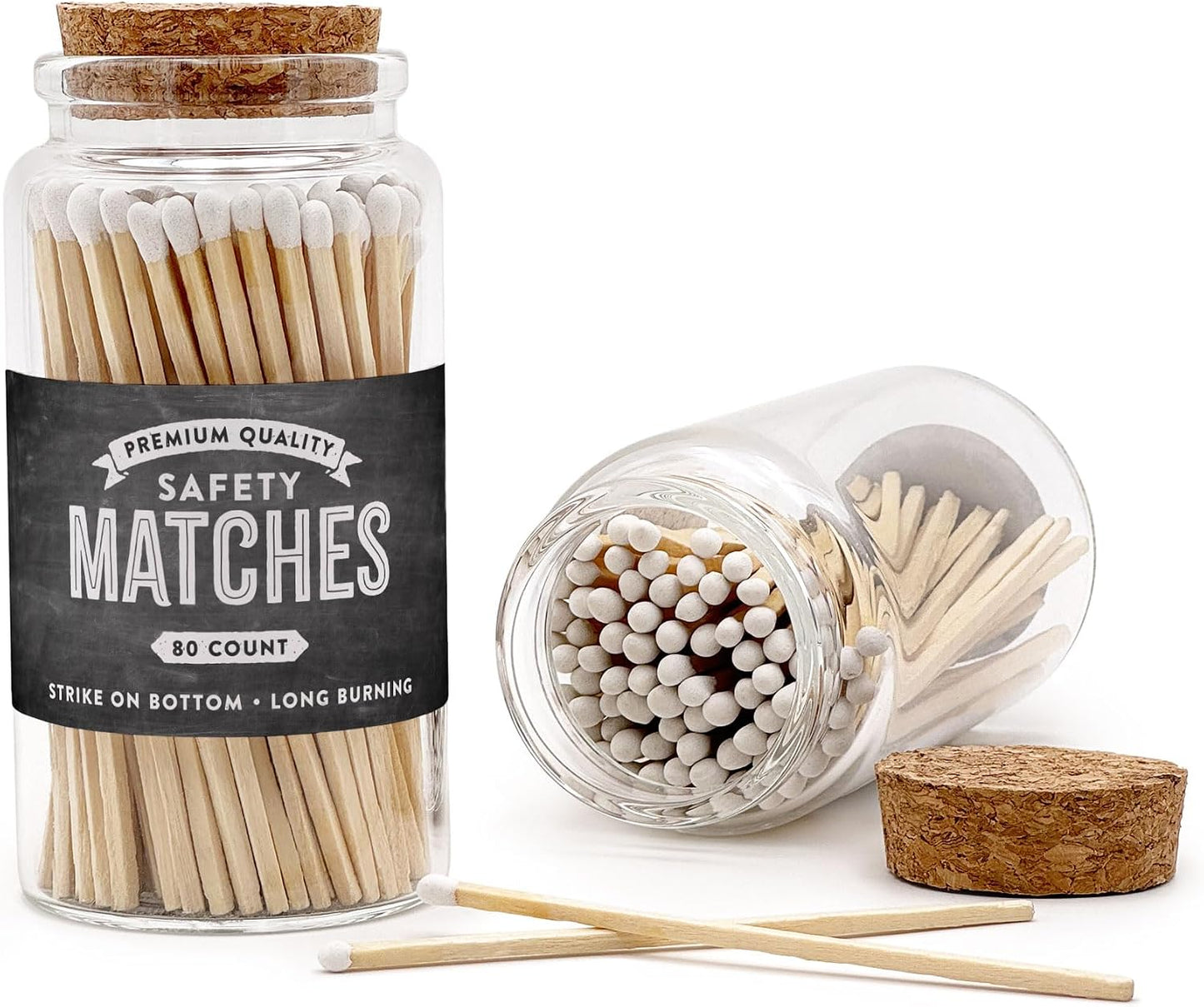 Chalkboard Wooden Matches in a Jar with Striker | Decorative Matches for Candles | Long Matches for Candles in Apothecary Glass Jar | Approx. 80 Safety Matches for Home Decor & Bathroom